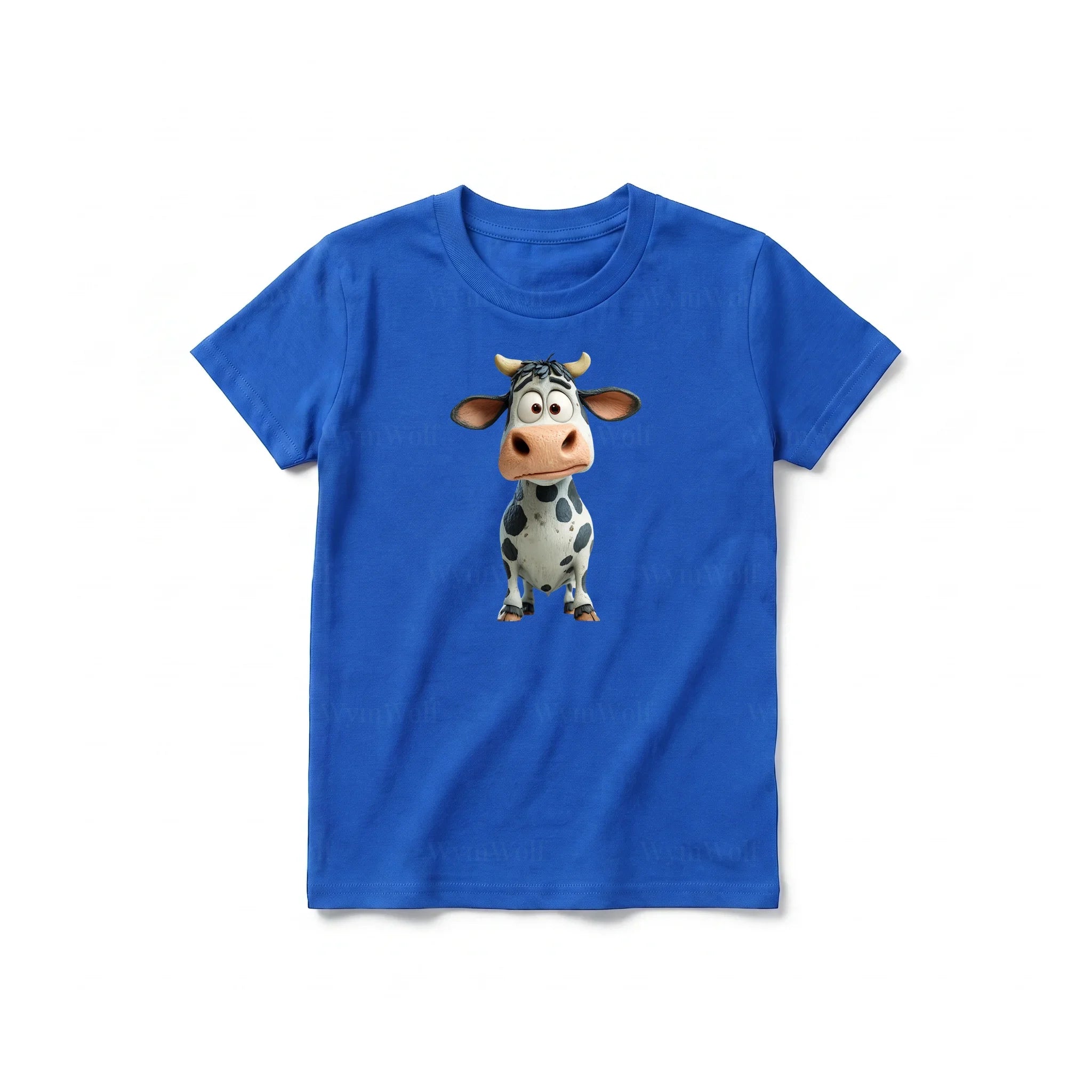 Un T-shirt royal à manches courtes et col rond pour jeune, orné d'un motif représentant un animal de la ferme sur le devant.