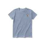 A steel-blue short-sleeve crewneck t-shirt for youth featuring a graphic of a farm animal on the left chest.