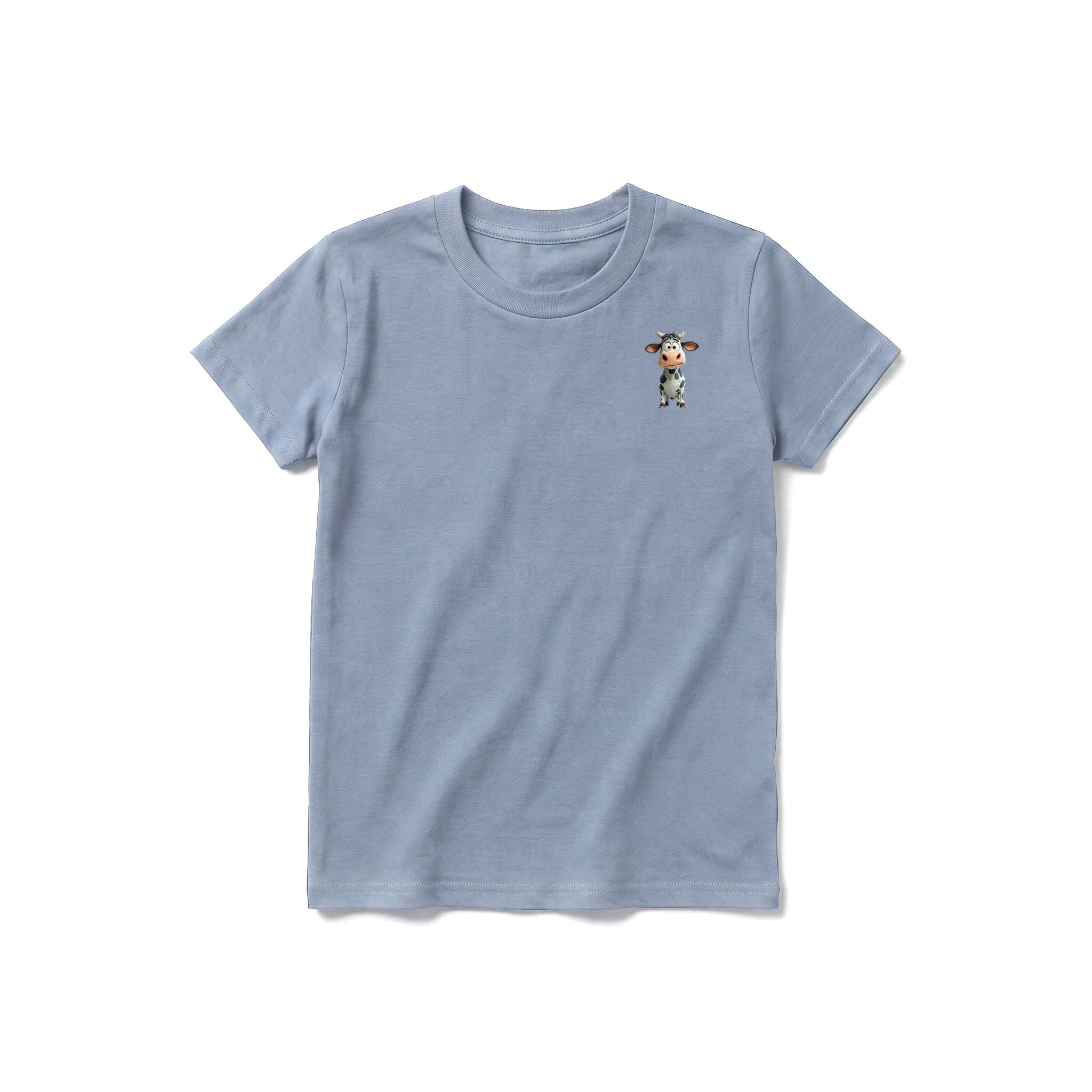 A steel-blue short-sleeve crewneck t-shirt for youth featuring a graphic of a farm animal on the left chest.