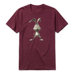 A maroon short-sleeve crewneck t-shirt for adult featuring a graphic of a farm animal on the front.