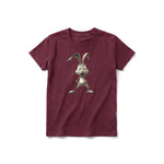 A maroon short-sleeve crewneck t-shirt for youth featuring a graphic of a farm animal on the front.