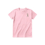 Un T-shirt rose à manches courtes et col rond pour jeune, orné d'un motif représentant un animal de la ferme sur la poitrine gauche.