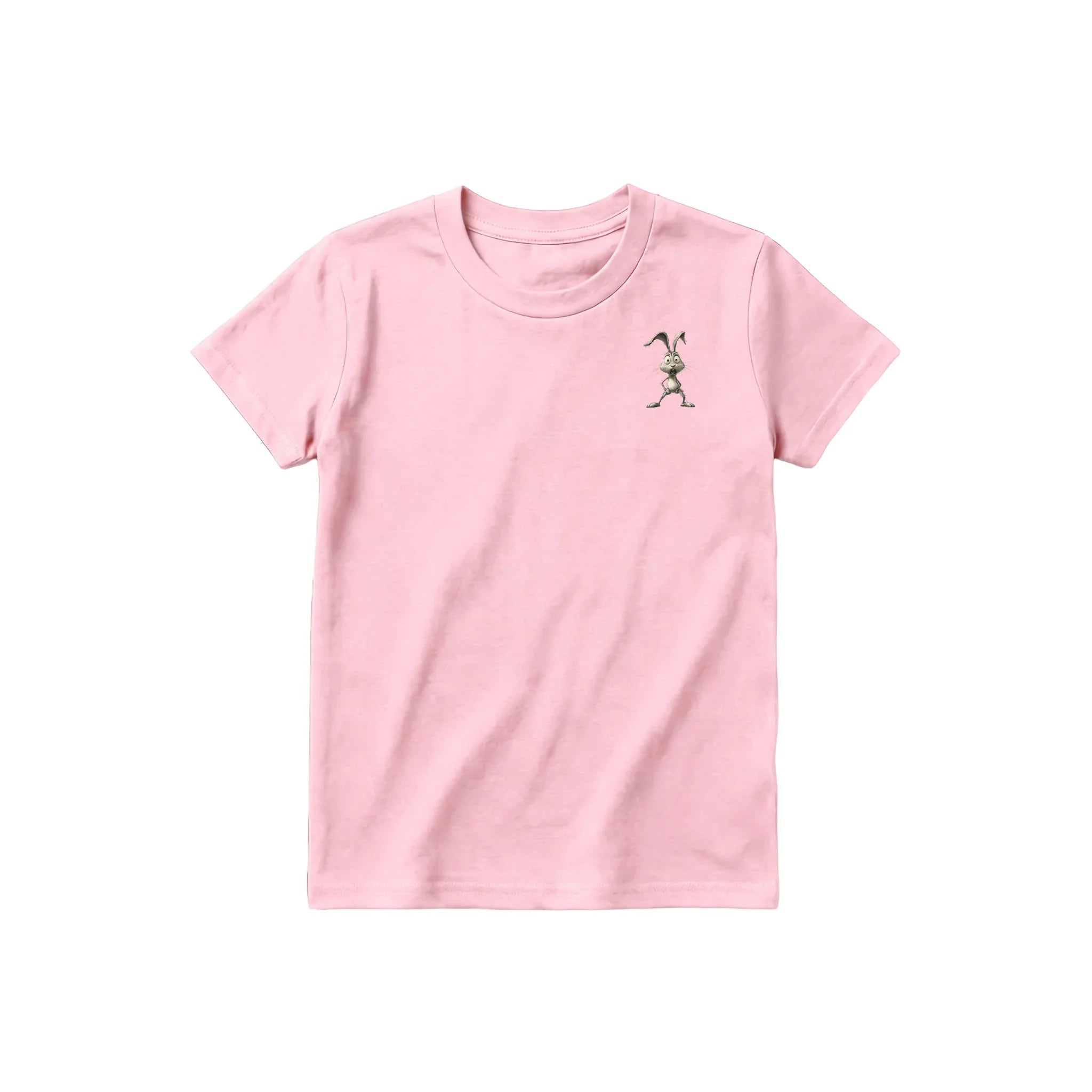 Un T-shirt rose à manches courtes et col rond pour jeune, orné d'un motif représentant un animal de la ferme sur la poitrine gauche.