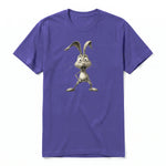 A purple short-sleeve crewneck t-shirt for adult featuring a graphic of a farm animal on the front.