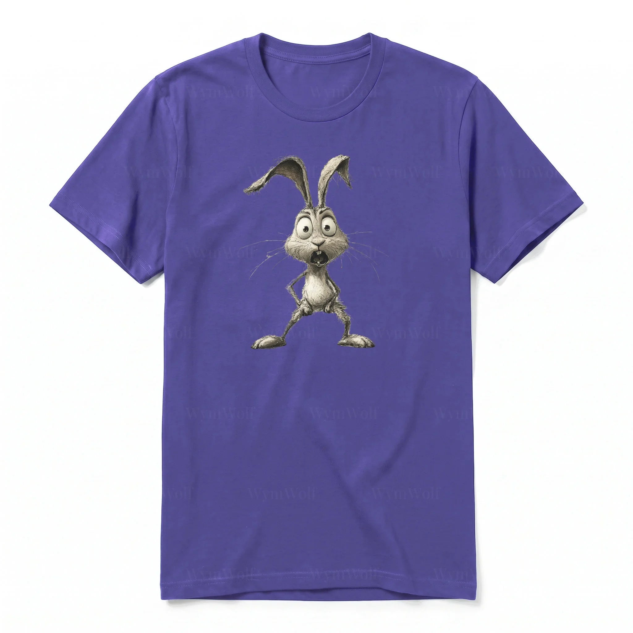 A purple short-sleeve crewneck t-shirt for adult featuring a graphic of a farm animal on the front.