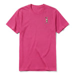 A raspberry short-sleeve crewneck t-shirt for adult featuring a graphic of a farm animal on the left chest.