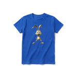 Un T-shirt royal à manches courtes et col rond pour jeune, orné d'un motif représentant un animal de la ferme sur le devant.