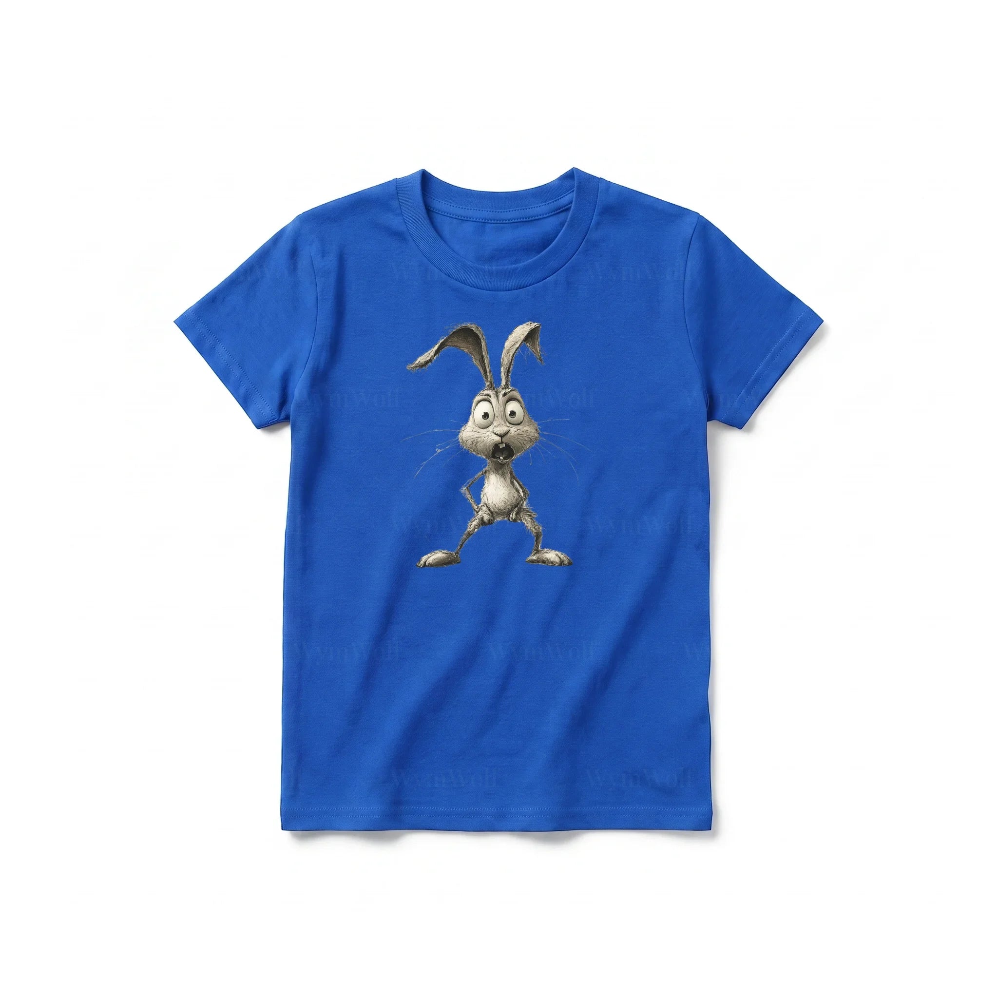 Un T-shirt royal à manches courtes et col rond pour jeune, orné d'un motif représentant un animal de la ferme sur le devant.