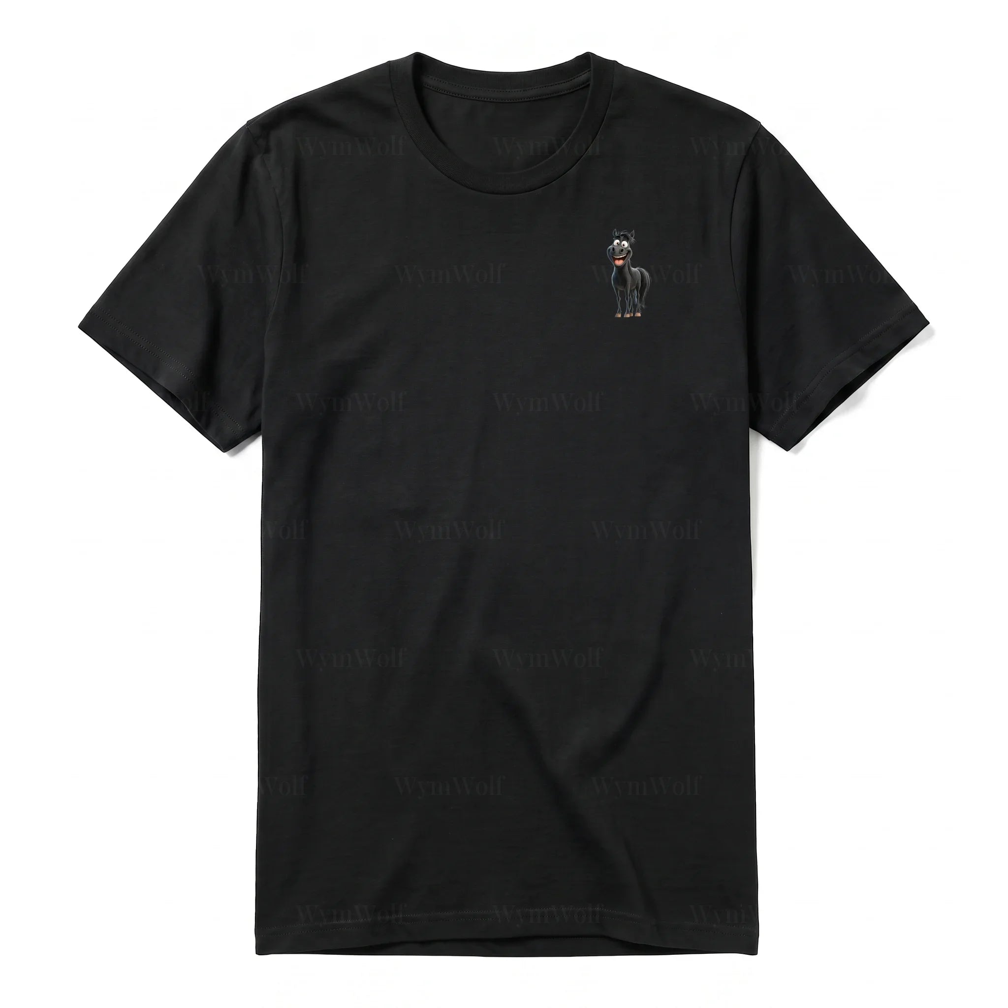 A black short-sleeve crewneck t-shirt for adult featuring a graphic of a farm animal on the left chest.
