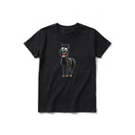 A black short-sleeve crewneck t-shirt for youth featuring a graphic of a farm animal on the front.