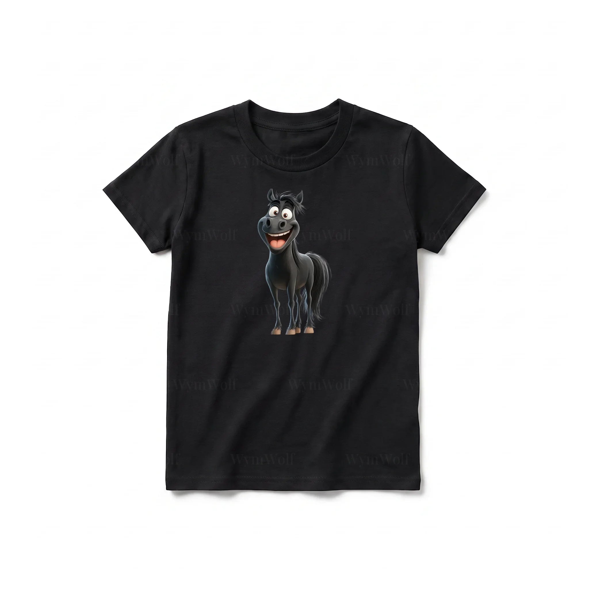 A black short-sleeve crewneck t-shirt for youth featuring a graphic of a farm animal on the front.