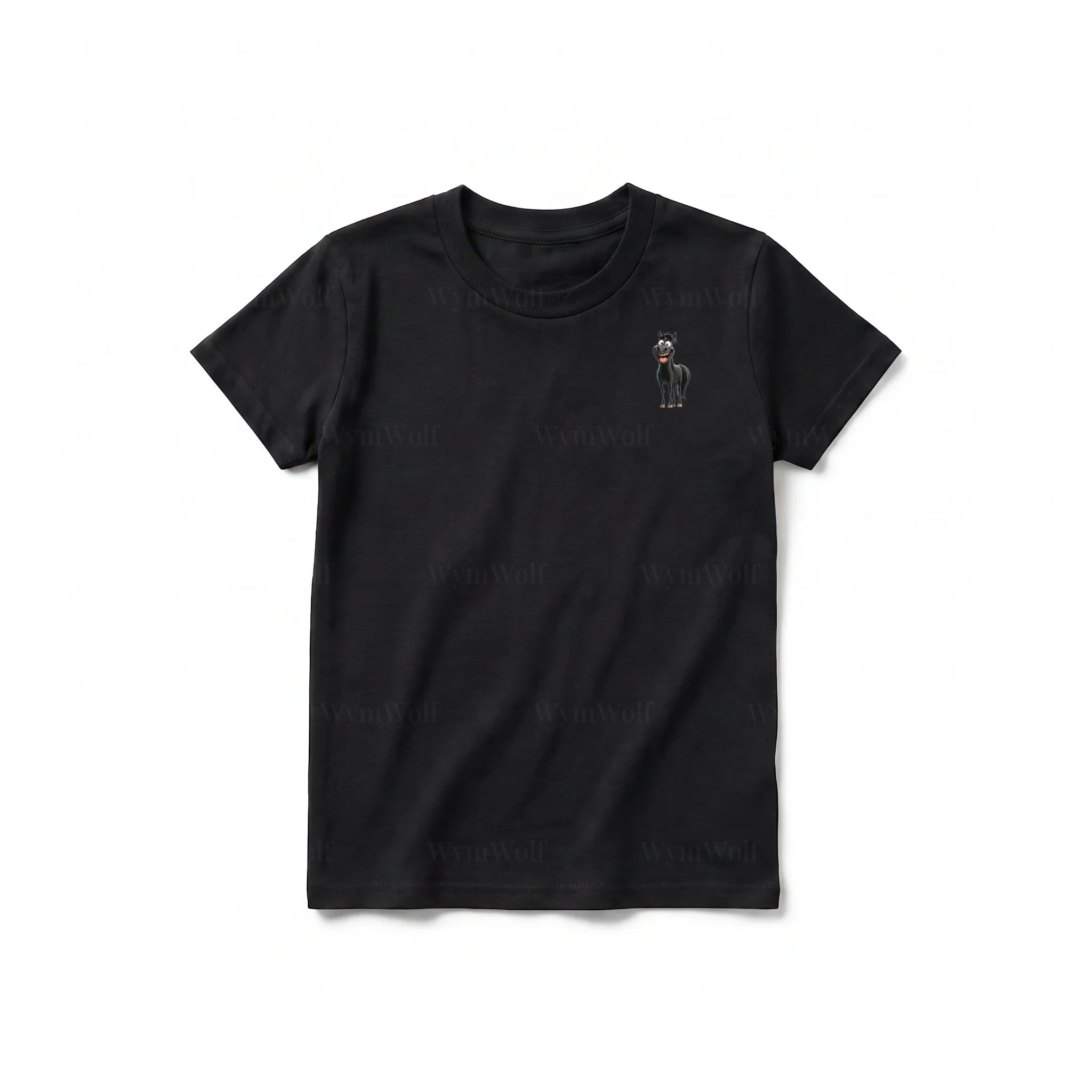 A black short-sleeve crewneck t-shirt for youth featuring a graphic of a farm animal on the left chest.