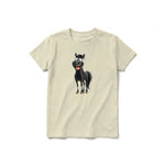 A latte short-sleeve crewneck t-shirt for youth featuring a graphic of a farm animal on the front.