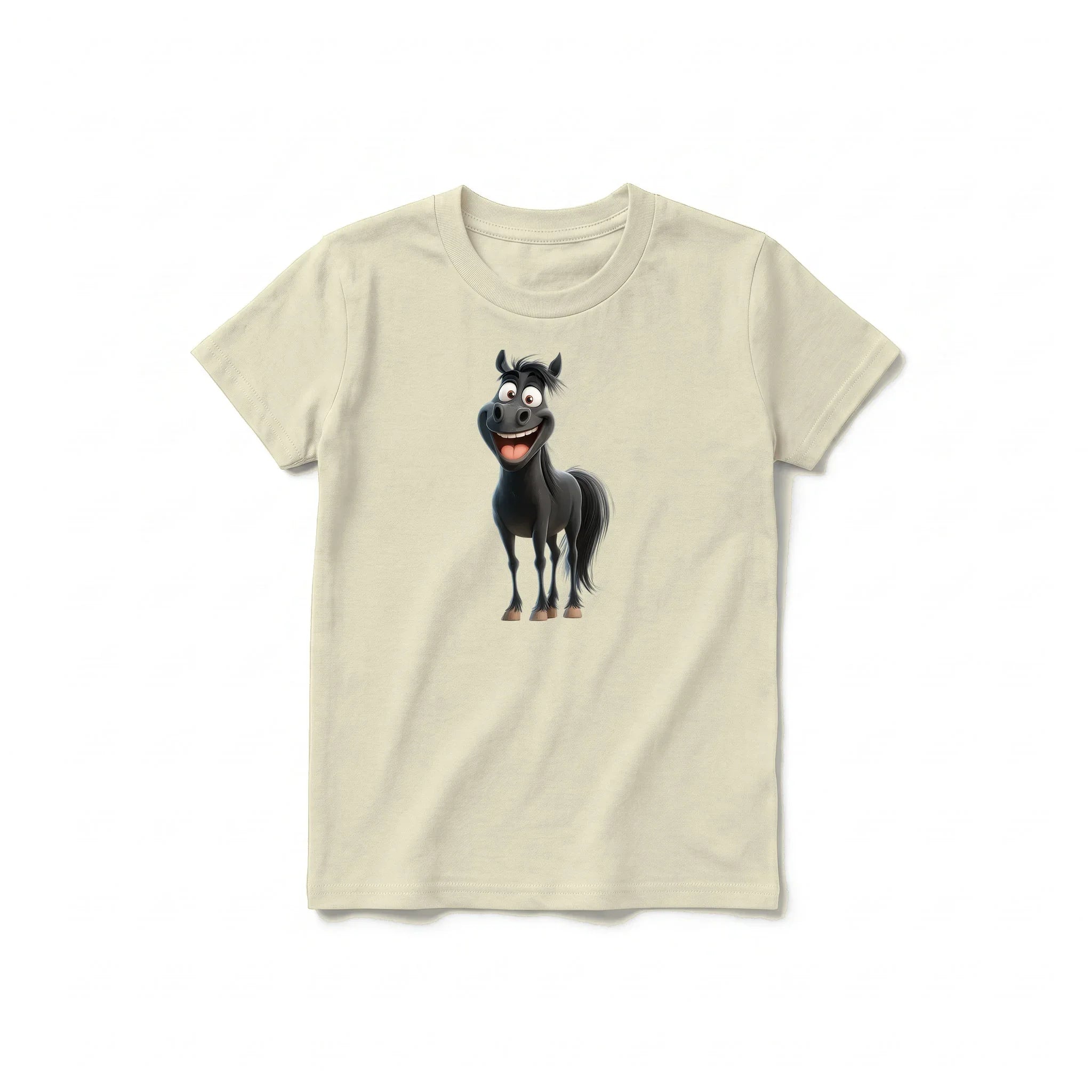 A latte short-sleeve crewneck t-shirt for youth featuring a graphic of a farm animal on the front.