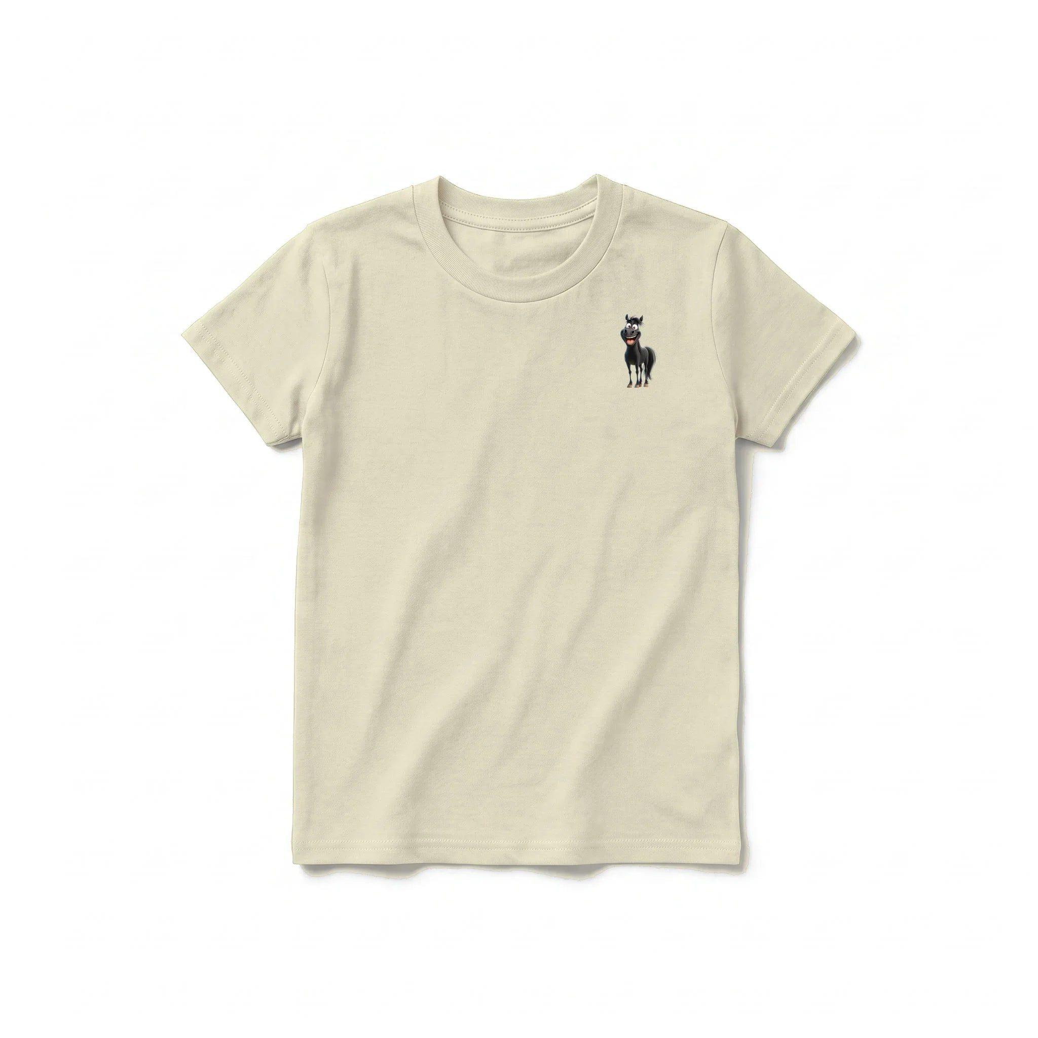 A latte short-sleeve crewneck t-shirt for youth featuring a graphic of a farm animal on the left chest.