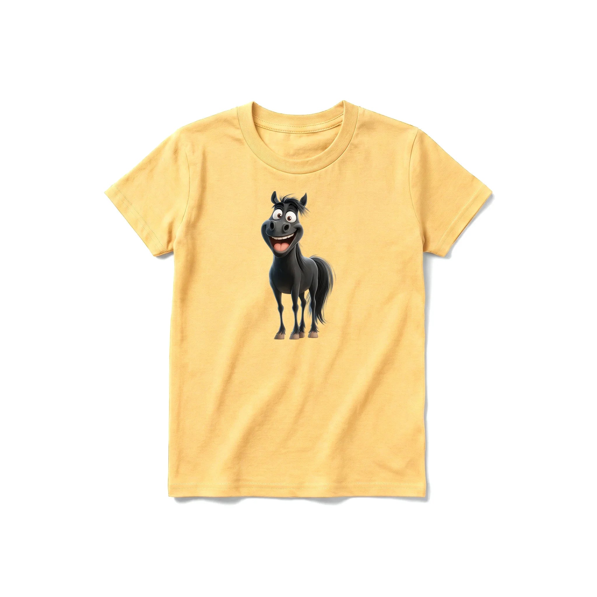 Un T-shirt moutarde à manches courtes et col rond pour jeune, orné d'un motif représentant un animal de la ferme sur le devant.
