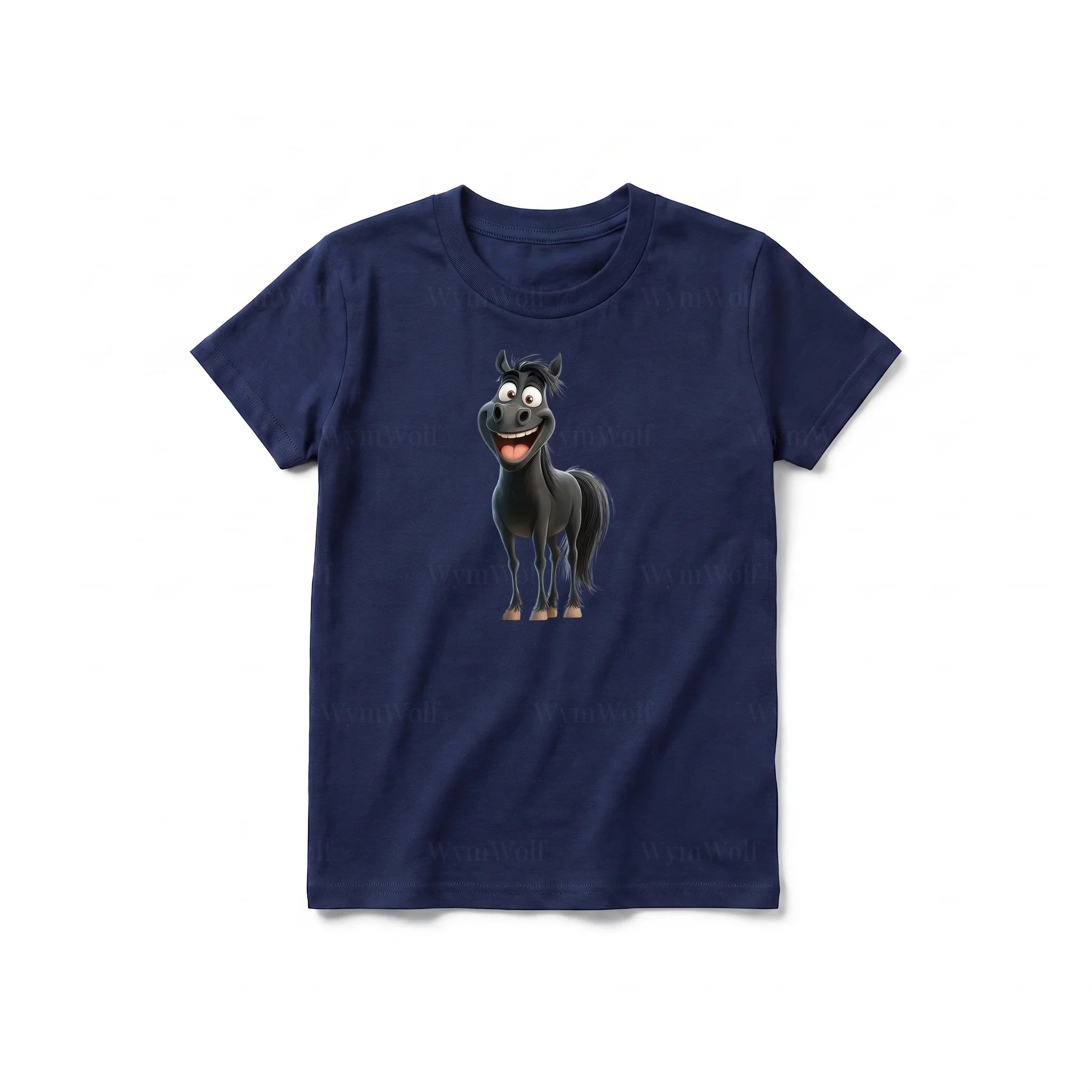 Un T-shirt marine à manches courtes et col rond pour jeune, orné d'un motif représentant un animal de la ferme sur le devant.
