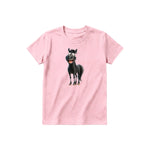 A pink short-sleeve crewneck t-shirt for youth featuring a graphic of a farm animal on the front.