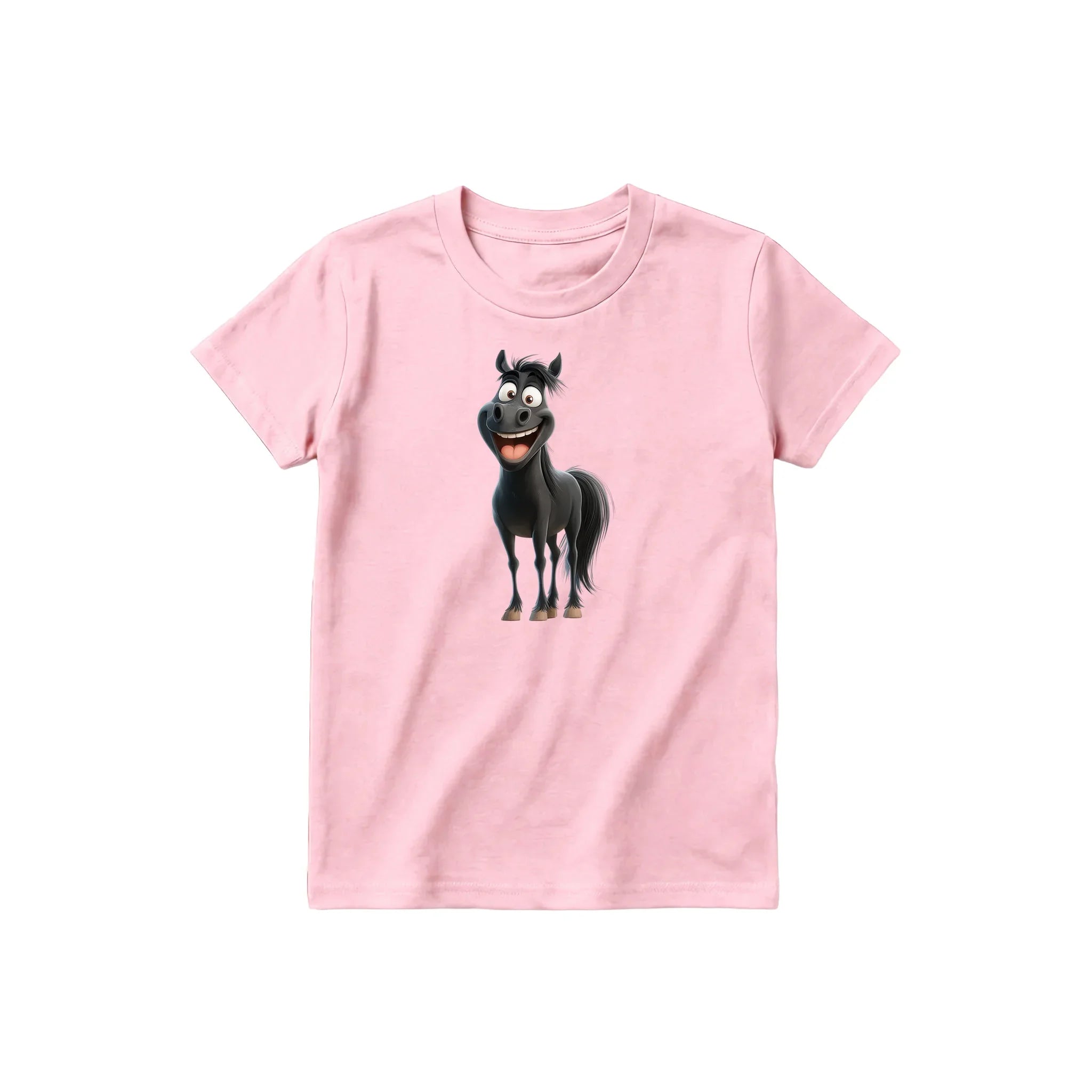 A pink short-sleeve crewneck t-shirt for youth featuring a graphic of a farm animal on the front.