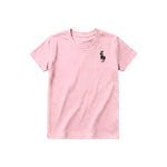 A pink short-sleeve crewneck t-shirt for youth featuring a graphic of a farm animal on the left chest.
