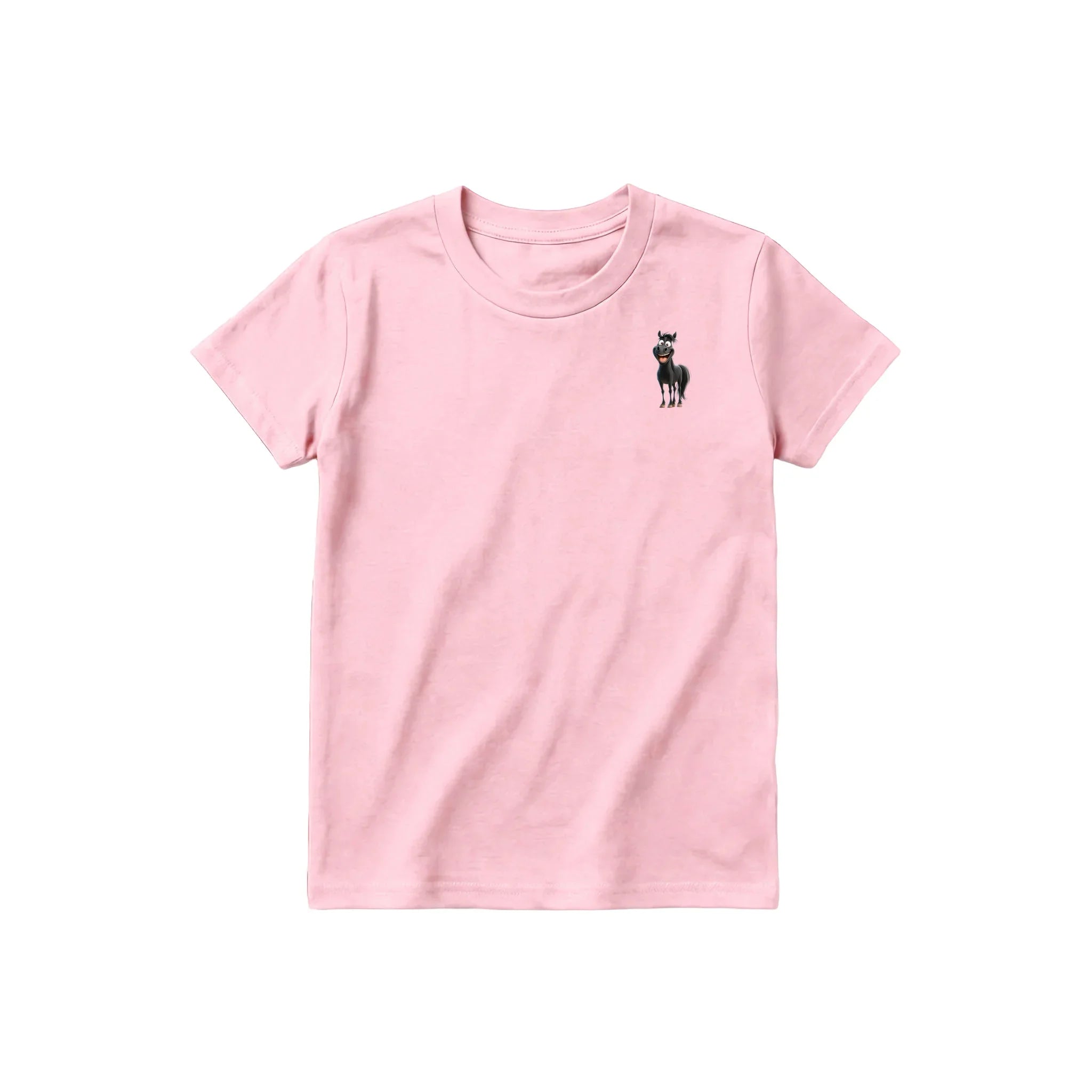 A pink short-sleeve crewneck t-shirt for youth featuring a graphic of a farm animal on the left chest.
