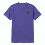 A purple short-sleeve crewneck t-shirt for adult featuring a graphic of a farm animal on the left chest.