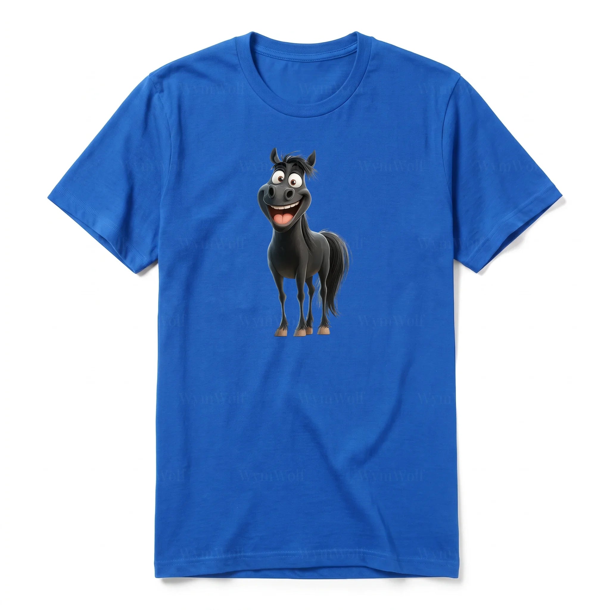 Un T-shirt royal à manches courtes et col rond, orné d'un motif représentant un animal de la ferme sur le devant.