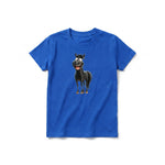 Un T-shirt royal à manches courtes et col rond pour jeune, orné d'un motif représentant un animal de la ferme sur le devant.