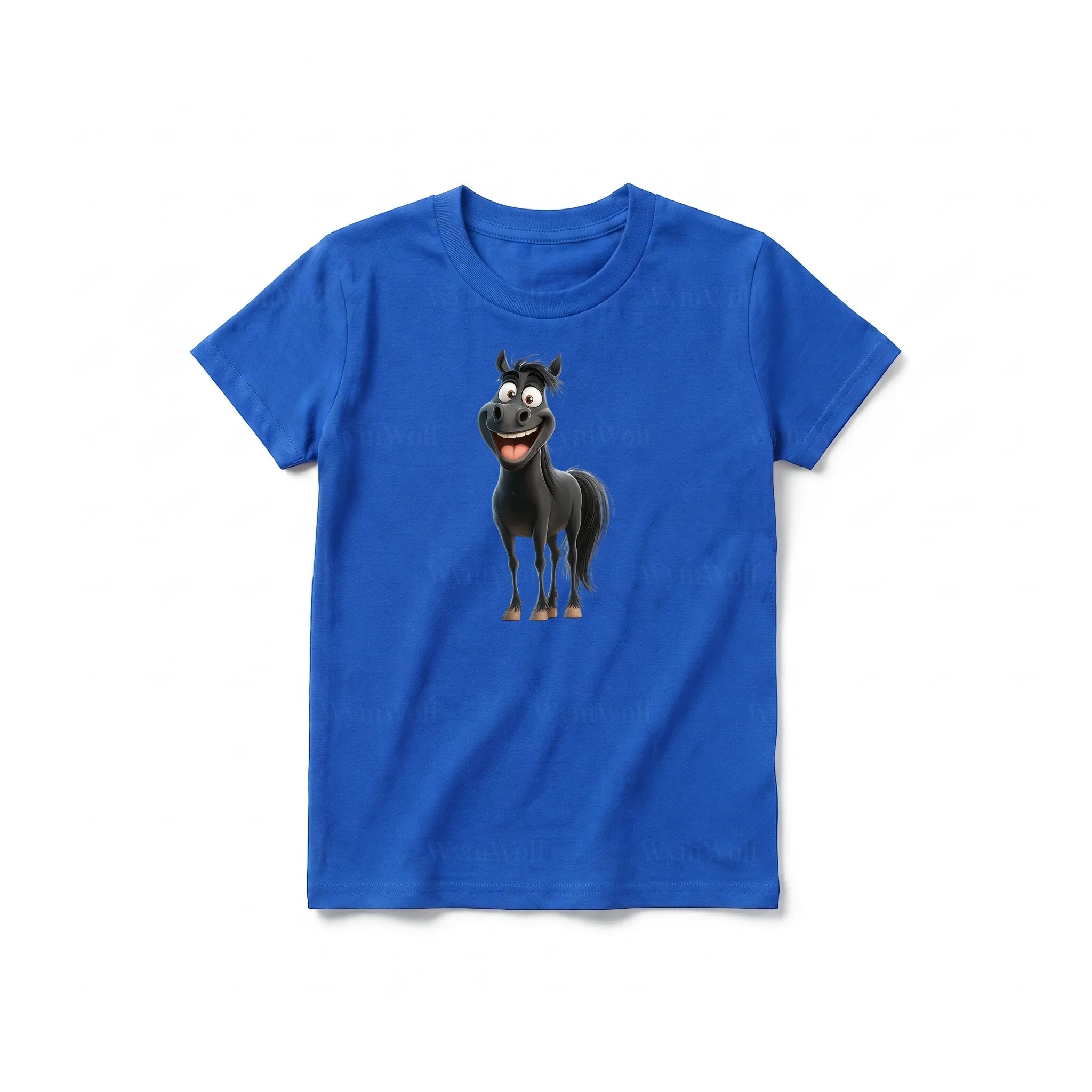 Un T-shirt royal à manches courtes et col rond pour jeune, orné d'un motif représentant un animal de la ferme sur le devant.