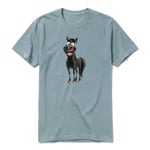 A sage short-sleeve crewneck t-shirt for adult featuring a graphic of a farm animal on the front.