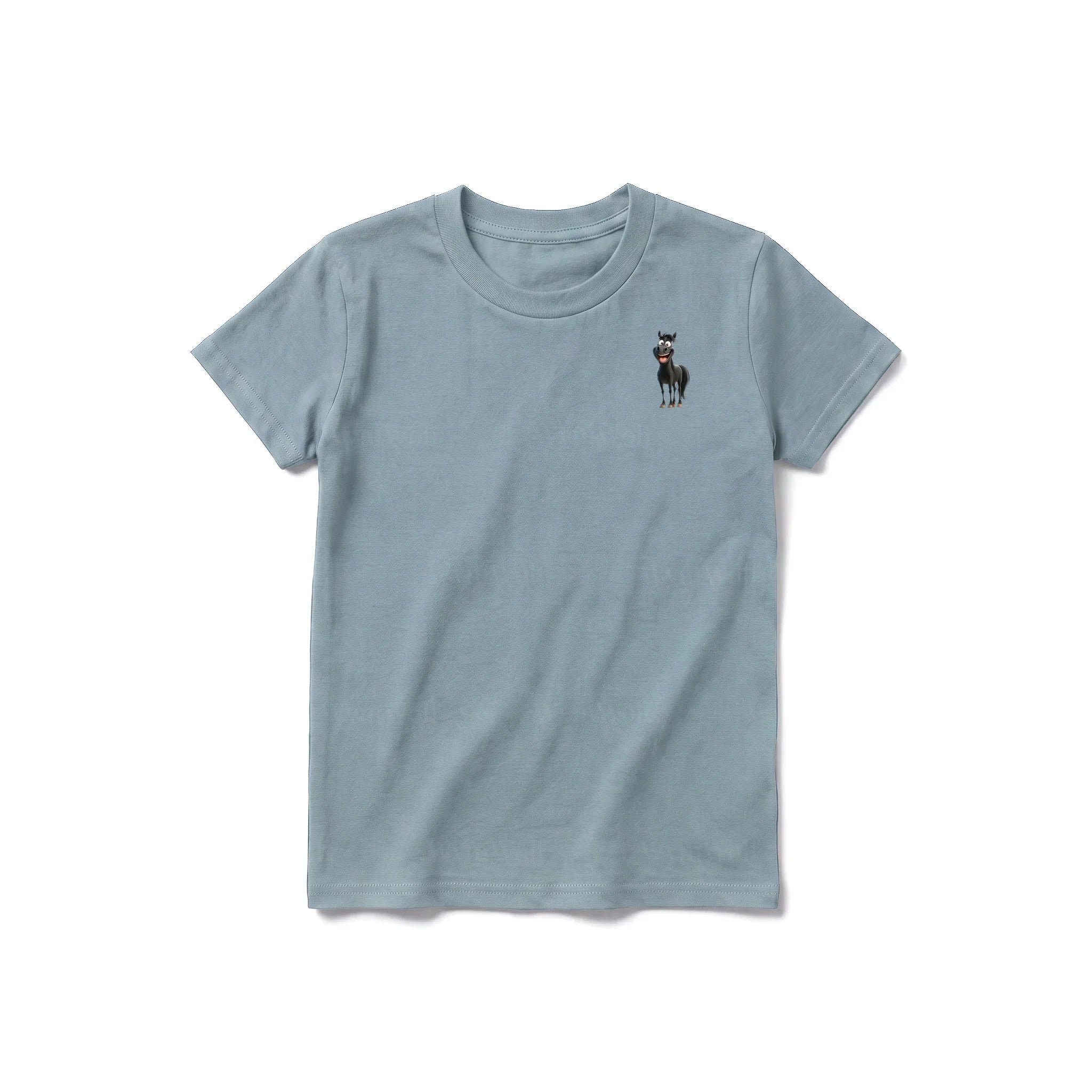 A sage short-sleeve crewneck t-shirt for youth featuring a graphic of a farm animal on the left chest.