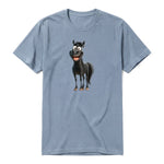 A steel-blue short-sleeve crewneck t-shirt for adult featuring a graphic of a farm animal on the front.