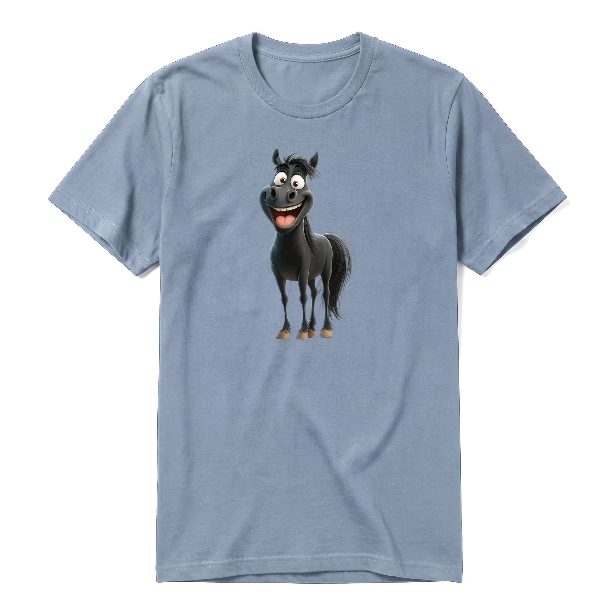 A steel-blue short-sleeve crewneck t-shirt for adult featuring a graphic of a farm animal on the front.