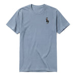 A steel-blue short-sleeve crewneck t-shirt for adult featuring a graphic of a farm animal on the left chest.