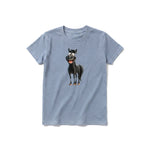 A steel-blue short-sleeve crewneck t-shirt for youth featuring a graphic of a farm animal on the front.
