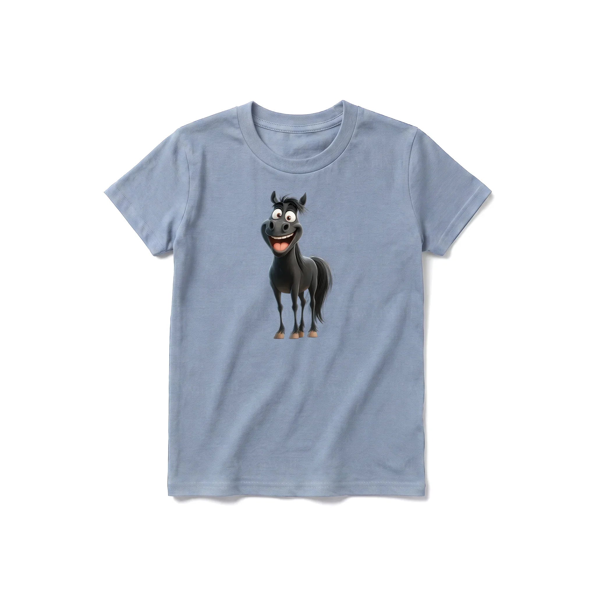 A steel-blue short-sleeve crewneck t-shirt for youth featuring a graphic of a farm animal on the front.