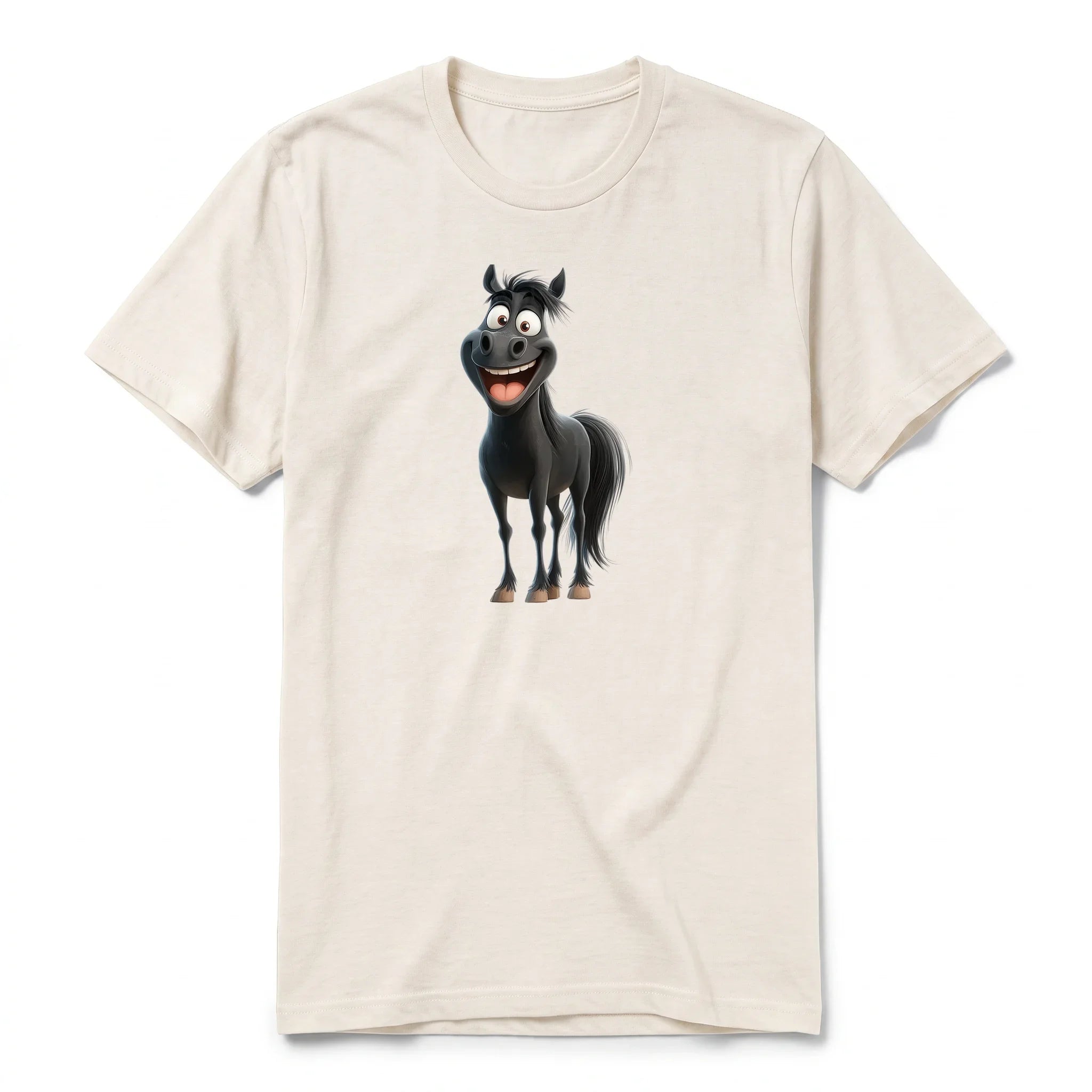 A vintage-white short-sleeve crewneck t-shirt for adult featuring a graphic of a farm animal on the front.