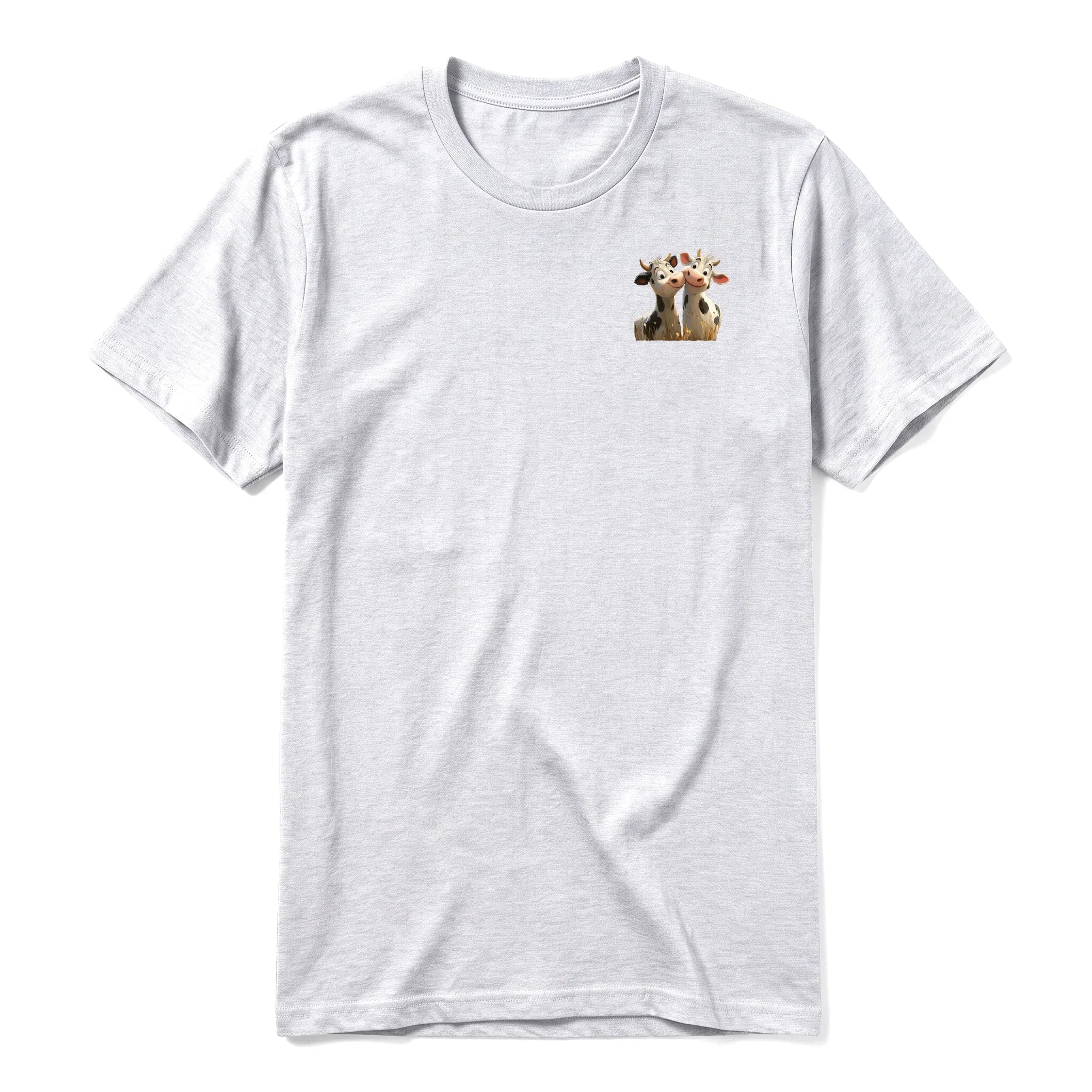 Un T-shirt gris cendré à manches courtes et col rond, orné d'un motif représentant un animal de la ferme sur la poitrine gauche.