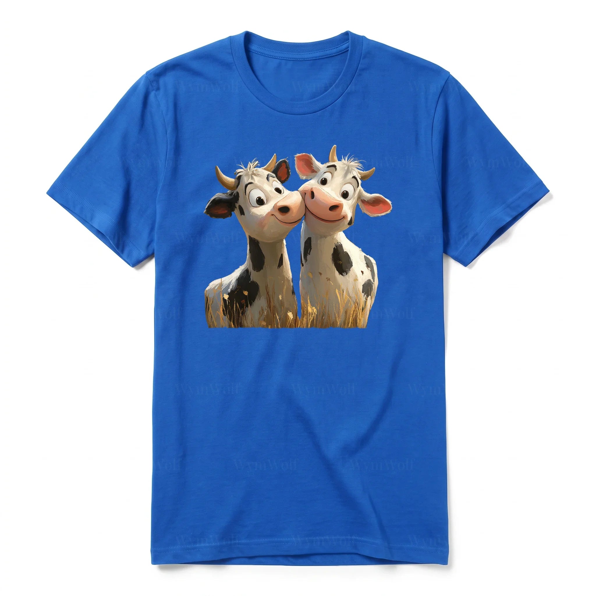 A royal short-sleeve crewneck t-shirt for adult featuring a graphic of a farm animal on the front.