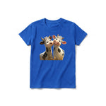 A royal short-sleeve crewneck t-shirt for youth featuring a graphic of a farm animal on the front.