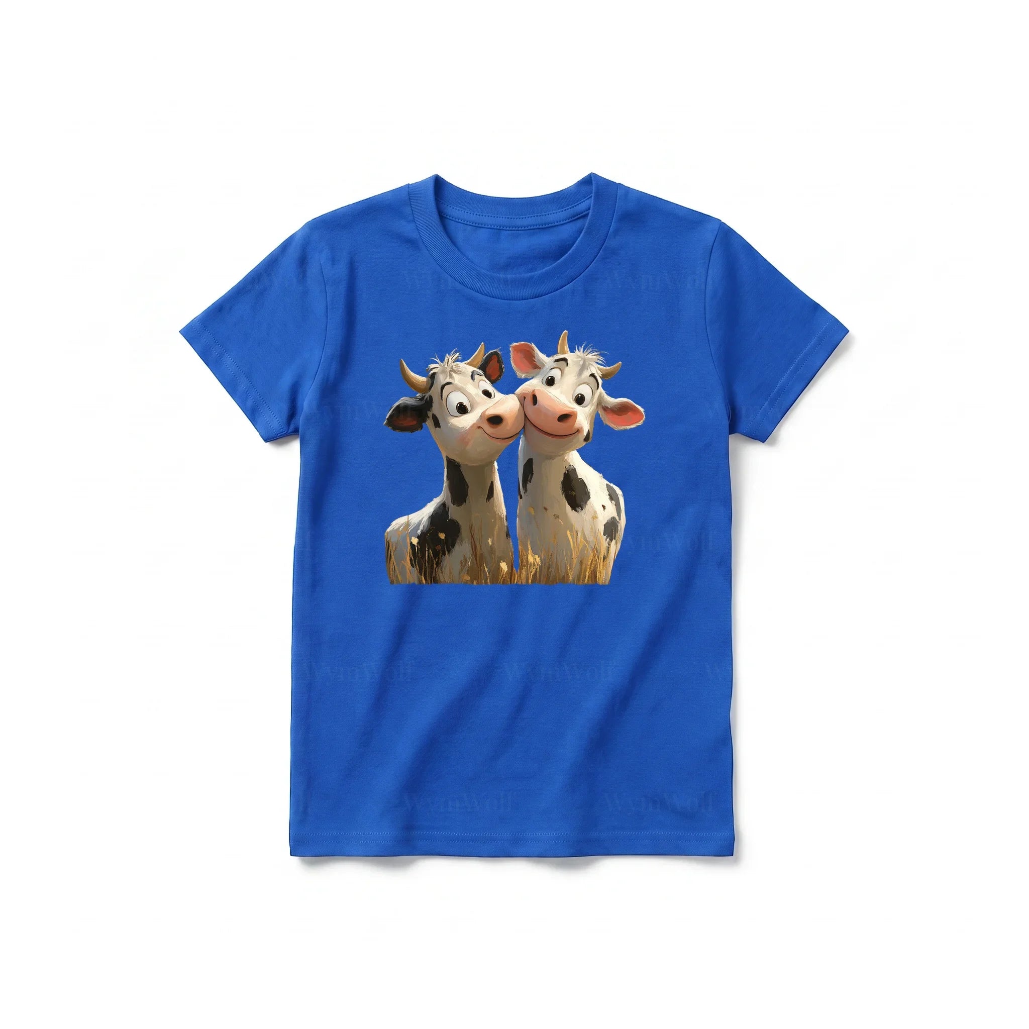 A royal short-sleeve crewneck t-shirt for youth featuring a graphic of a farm animal on the front.