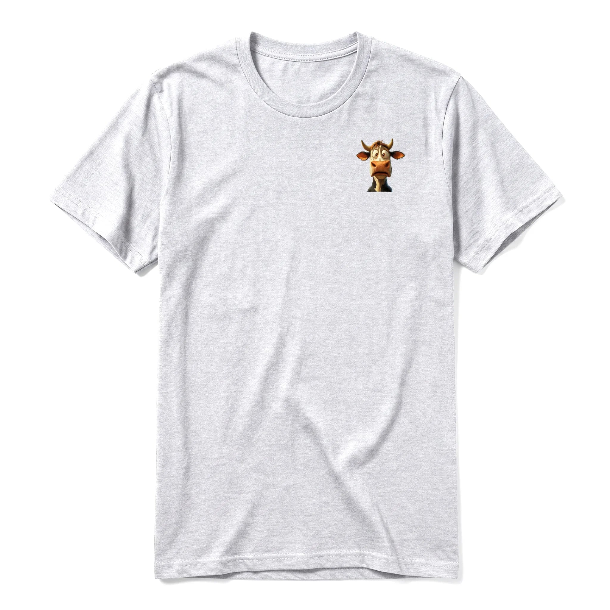 A ash grey short-sleeve crewneck t-shirt for adult featuring a graphic of a farm animal on the left chest.