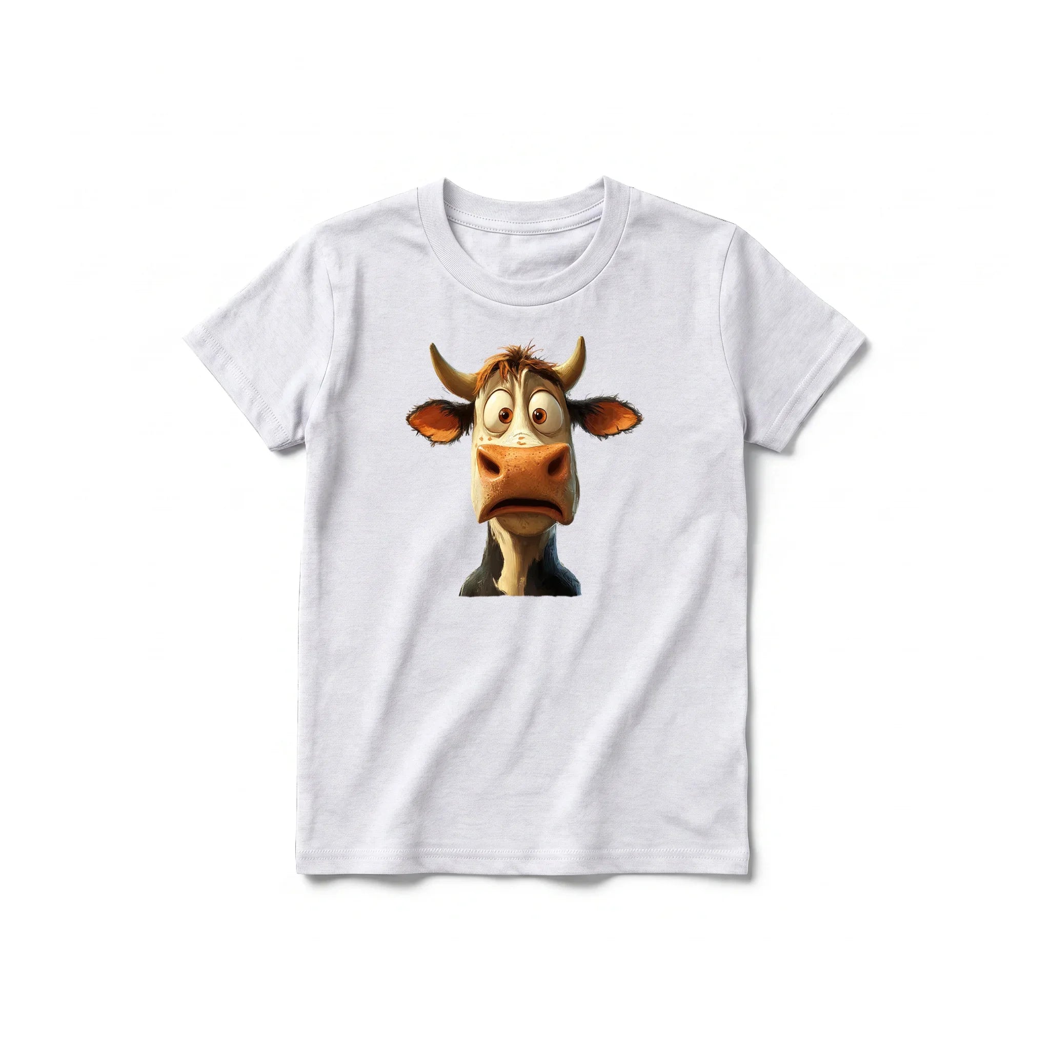 A ash grey short-sleeve crewneck t-shirt for youth featuring a graphic of a farm animal on the front.