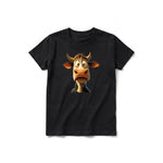 A black short-sleeve crewneck t-shirt for youth featuring a graphic of a farm animal on the front.