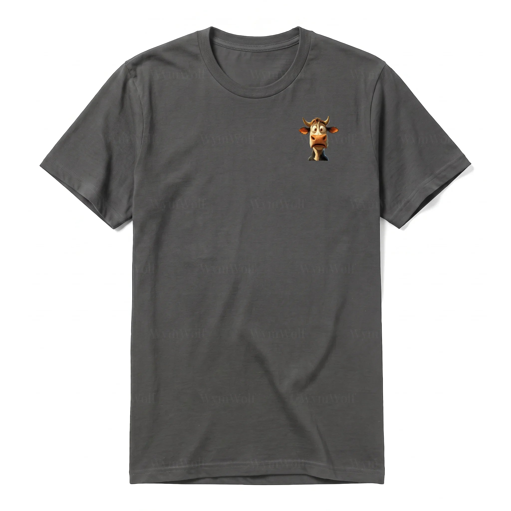 A charcoal short-sleeve crewneck t-shirt for adult featuring a graphic of a farm animal on the left chest.