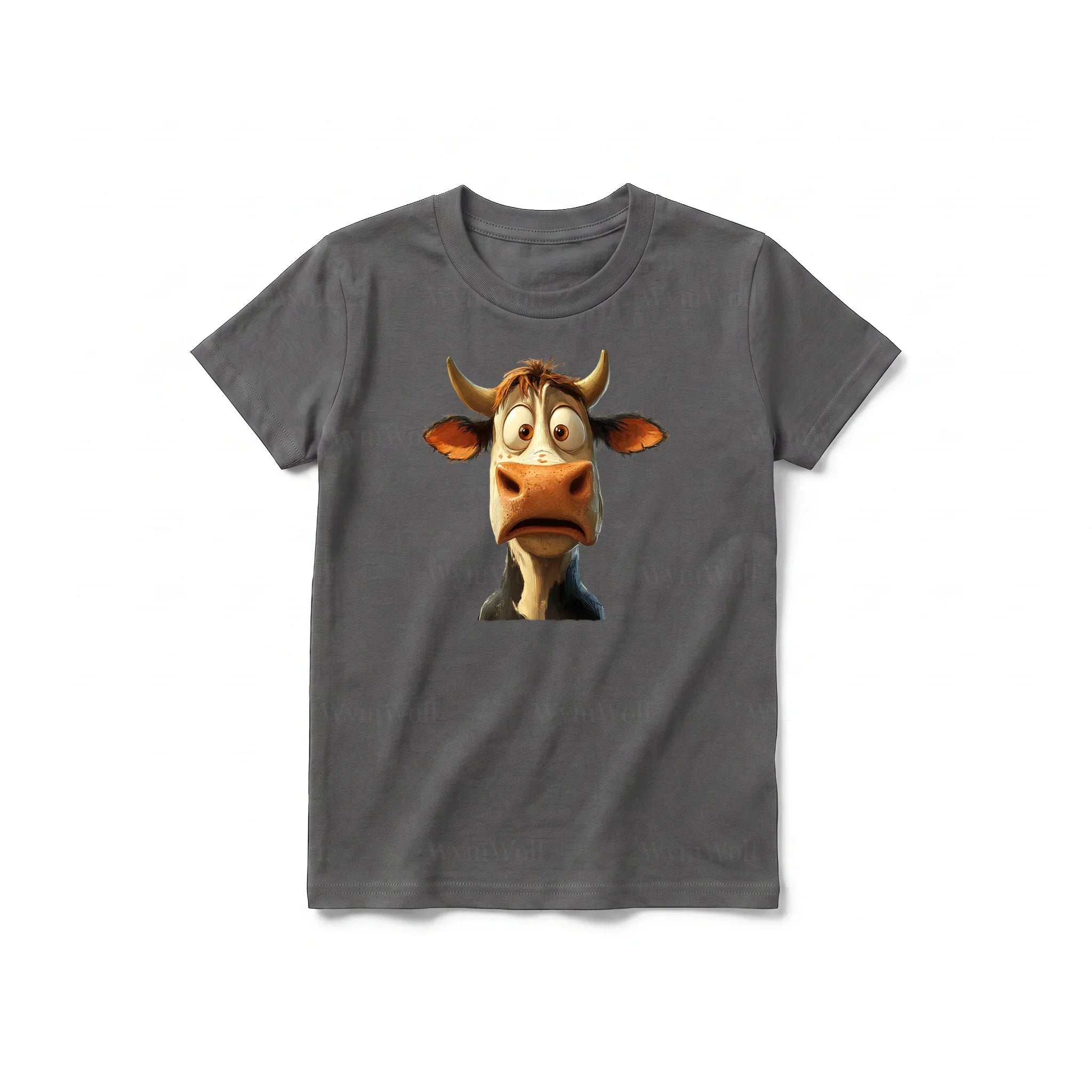 A charcoal short-sleeve crewneck t-shirt for youth featuring a graphic of a farm animal on the front.