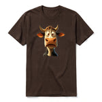 Un T-shirt chocolat à manches courtes et col rond, orné d'un motif représentant un animal de la ferme sur le devant.
