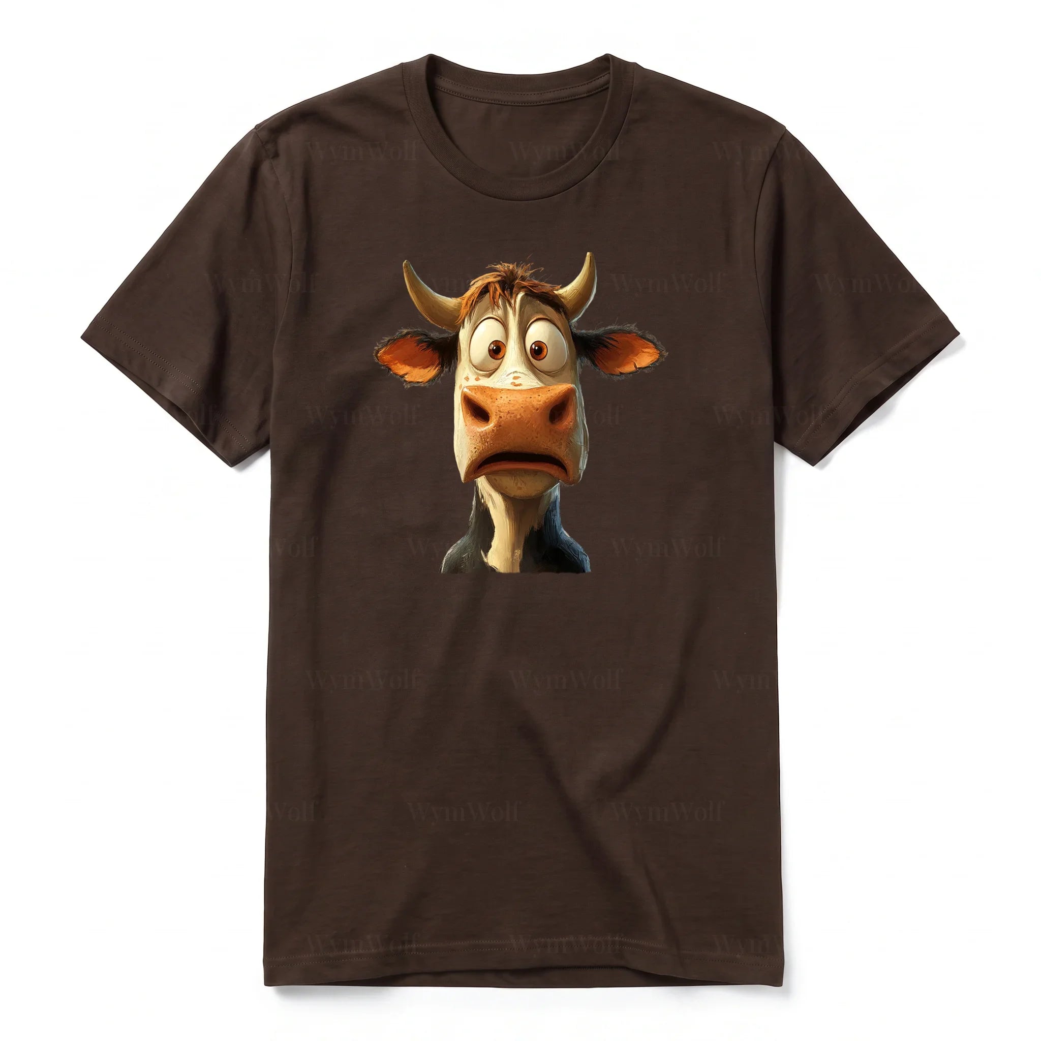 Un T-shirt chocolat à manches courtes et col rond, orné d'un motif représentant un animal de la ferme sur le devant.