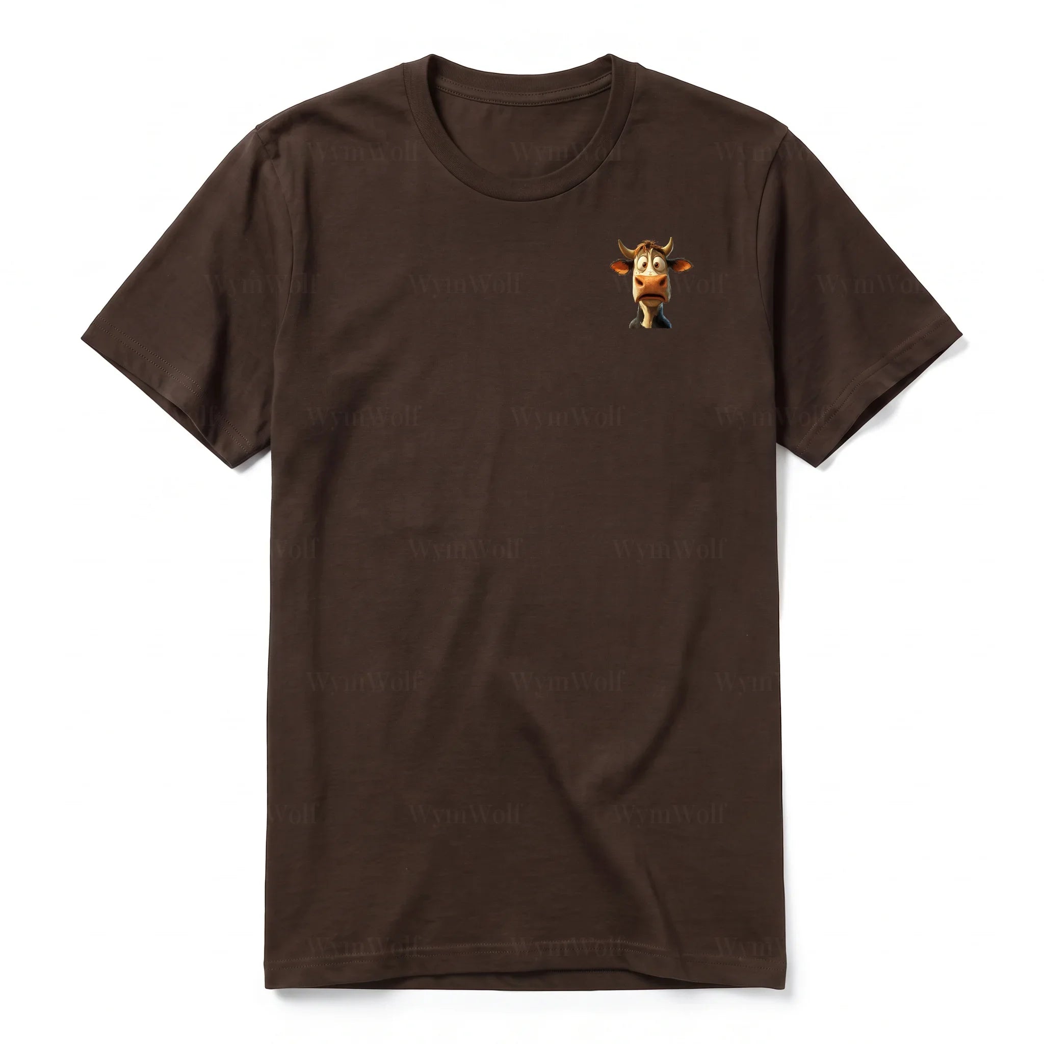Un T-shirt chocolat à manches courtes et col rond, orné d'un motif représentant un animal de la ferme sur la poitrine gauche.