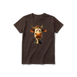 Un T-shirt chocolat à manches courtes et col rond pour jeune, orné d'un motif représentant un animal de la ferme sur le devant.